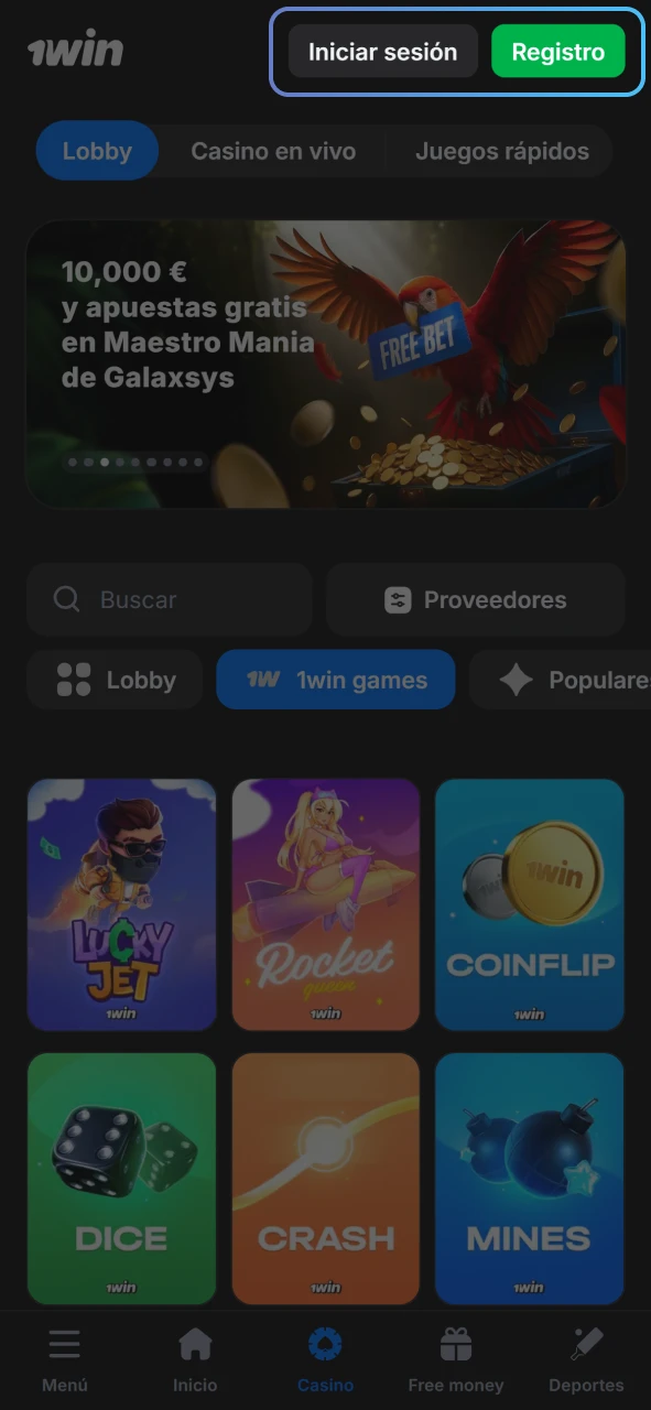 Log in to your 1win account or register.