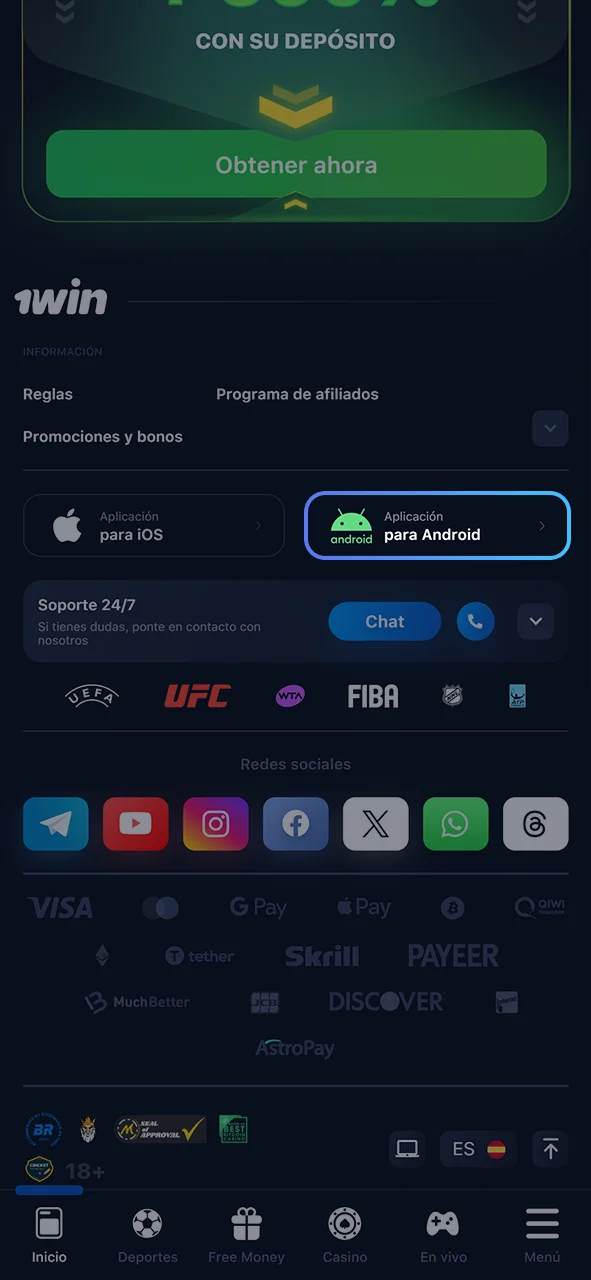 Find the applications section on the 1win website.