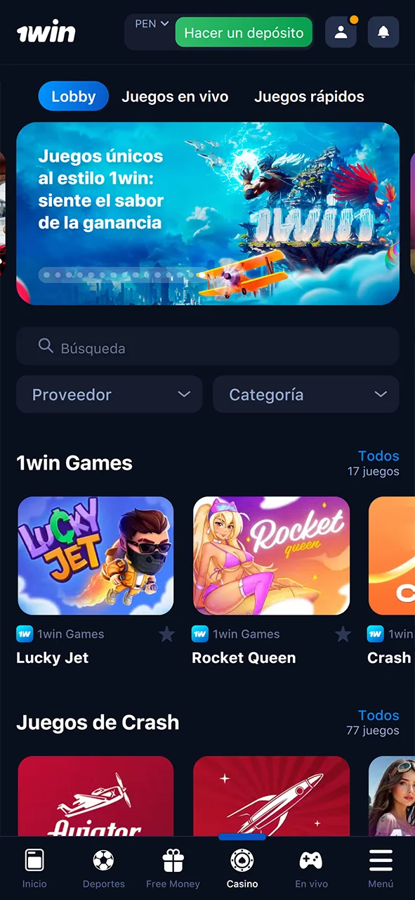 Find your favourite casino game in the 1win app.