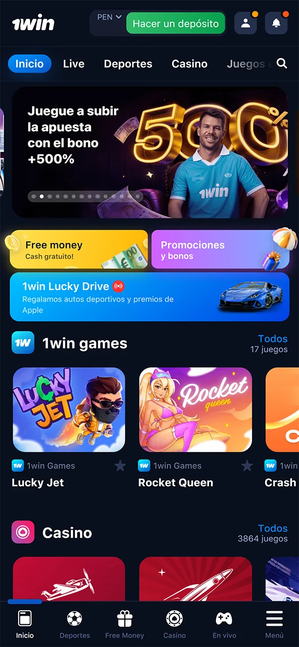 Home page of the 1win mobile application.