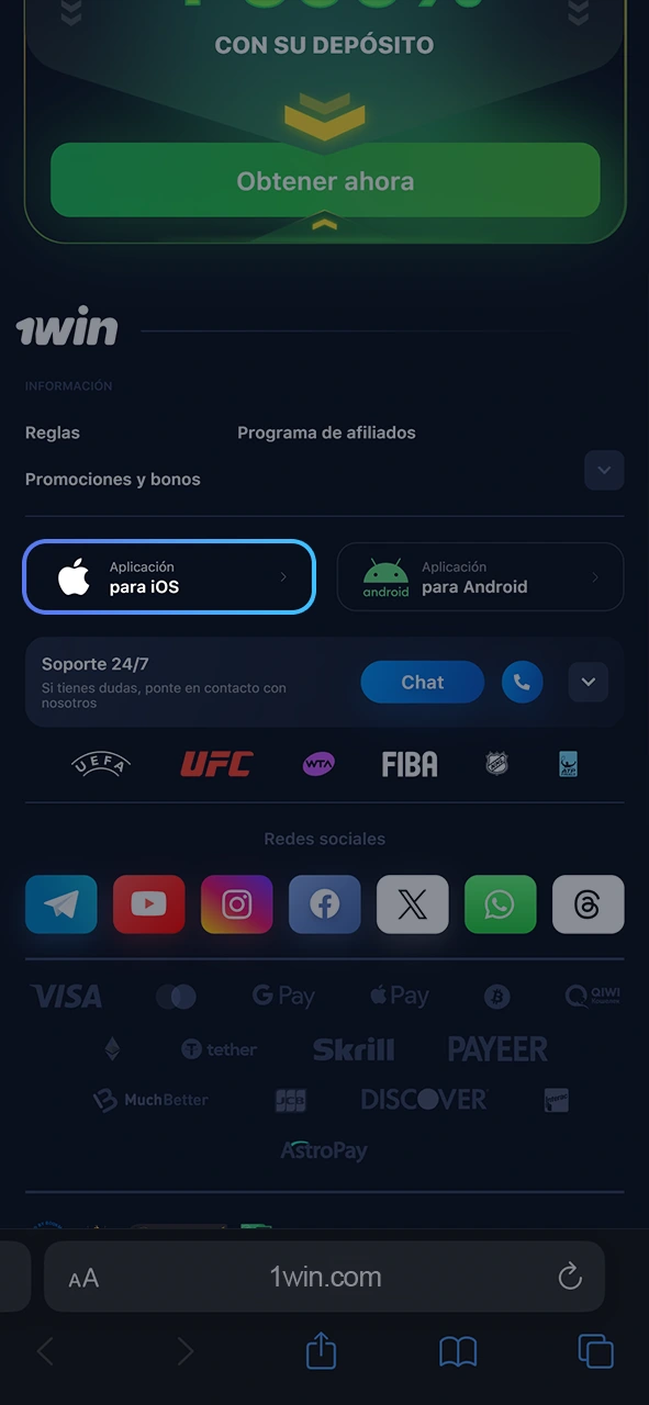 Select the button for the 1win app for iOS.