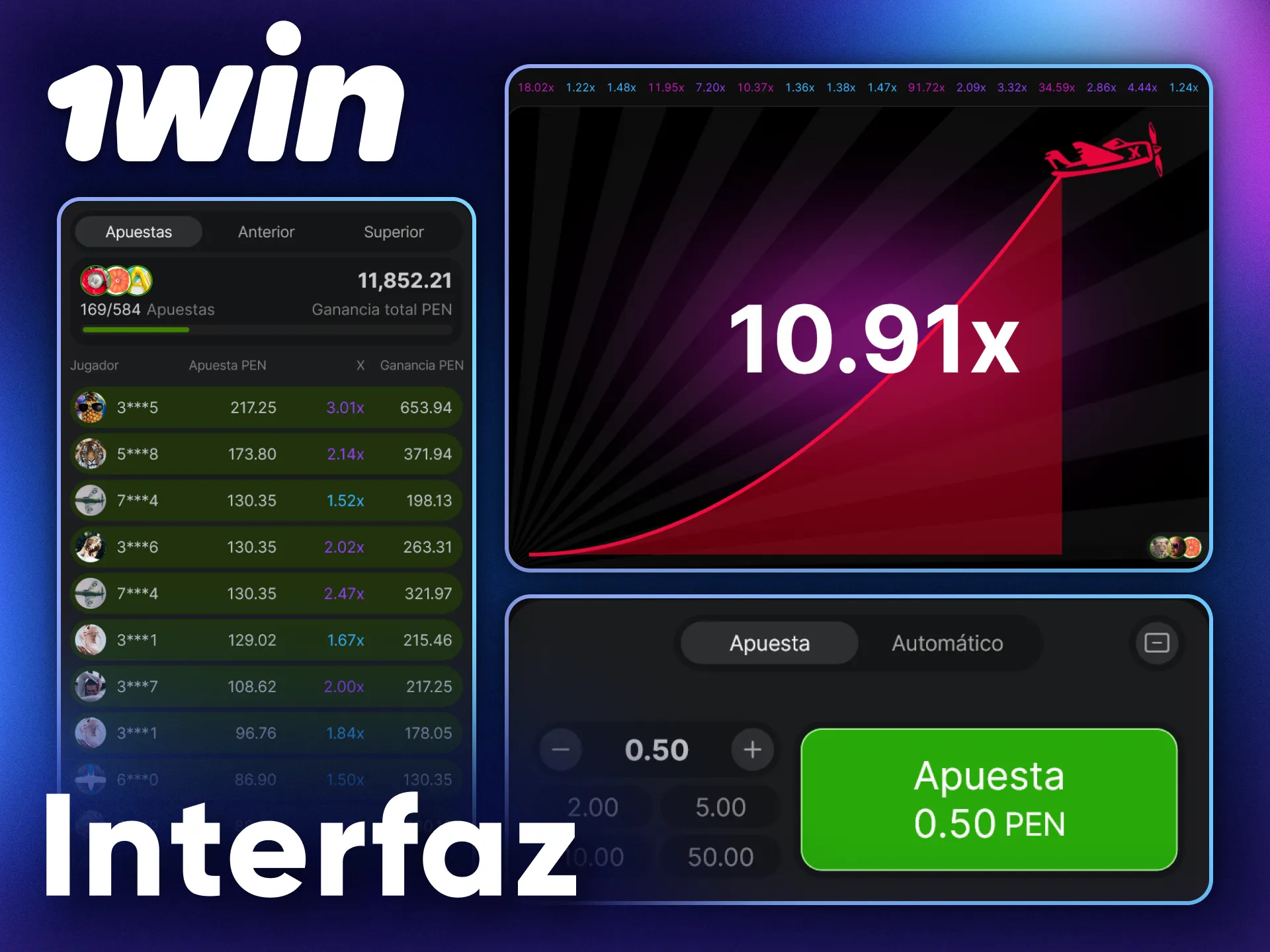 La interfaz del juego Aviator en 1Win es muy amigable para el usuario.