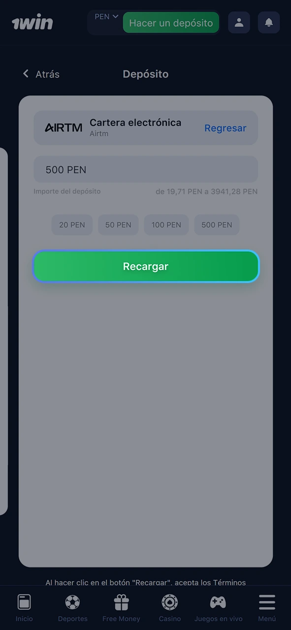 Confirme la financiación de su cuenta 1Win.