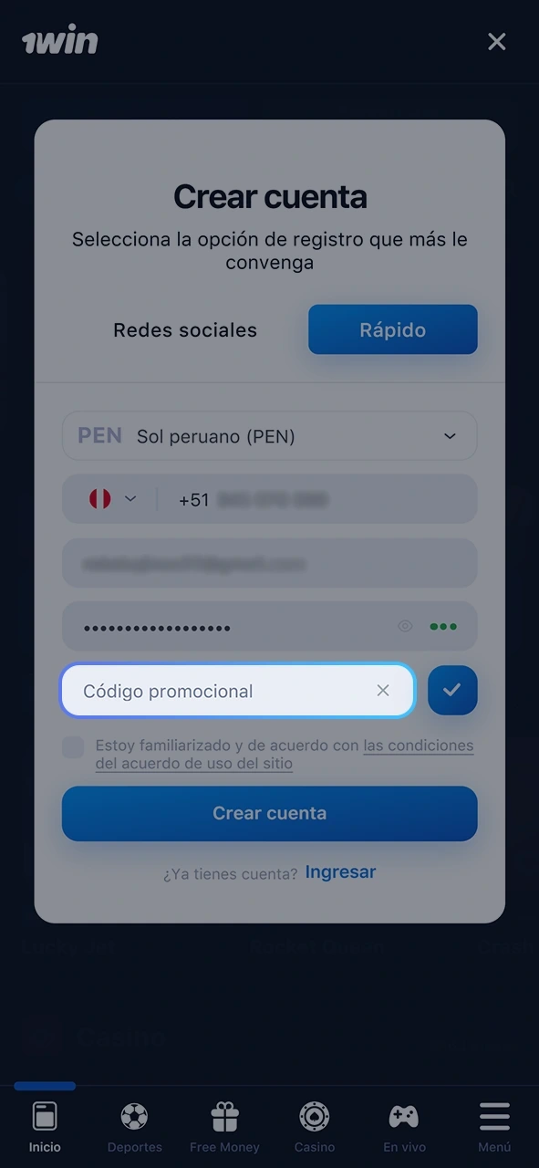 Introduce el código promocional en el formulario 1win si tienes uno.