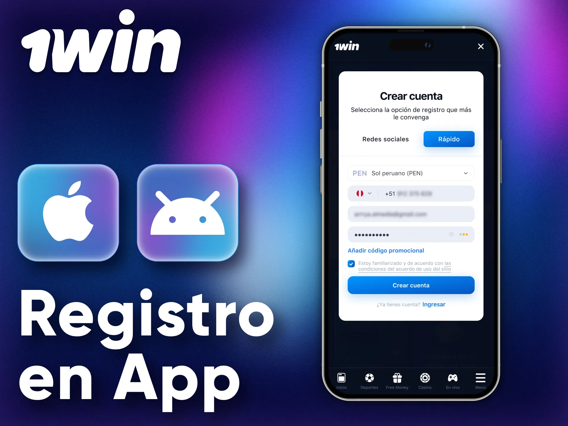 Puede utilizar la aplicación móvil 1Win para crear una cuenta.